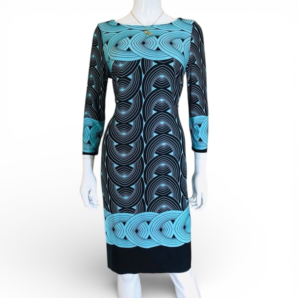DANNY & NICOLE Women’s Black & Teal Geometric 3/4 Sleeve Sheath Dress Size 6